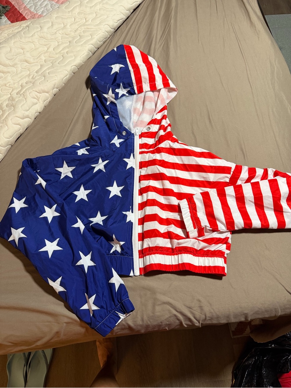 Forever 21 Red, White & Blue Flag Print Hooded crop Jacket